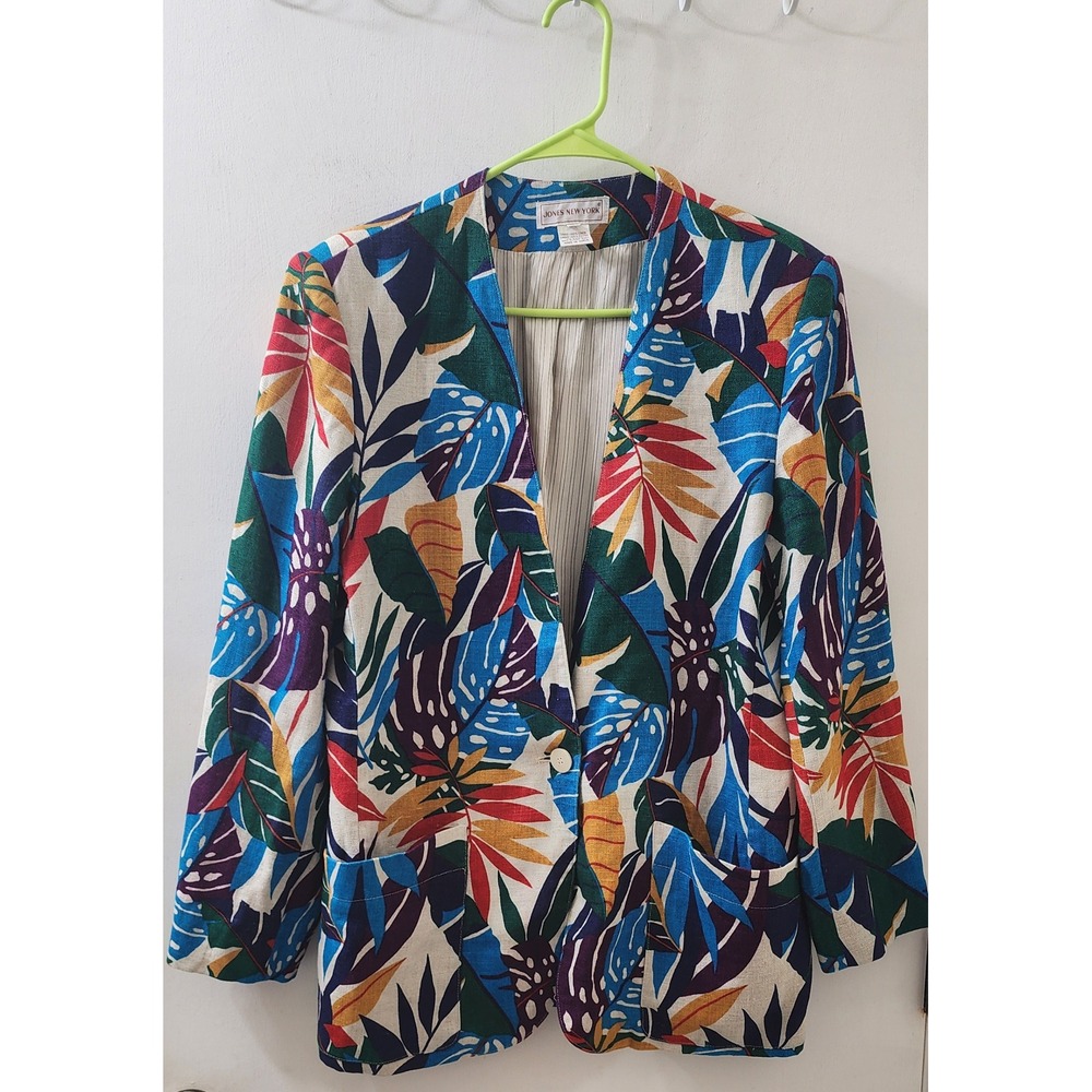 Jones New York Sport Vintage Linen Tropical Leaf Print Blazer Jacket Size 12